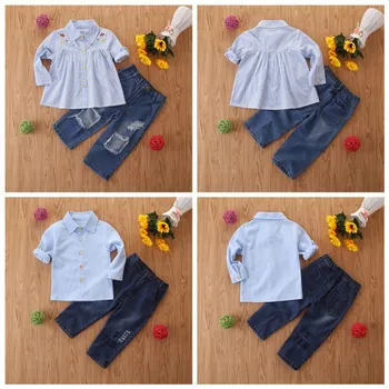 

2019 Autumn Children Sets Casual Baby Long Sleeve Shirt And Ripped Jeans Kids Two-piece Outfit Set 2019 Newest