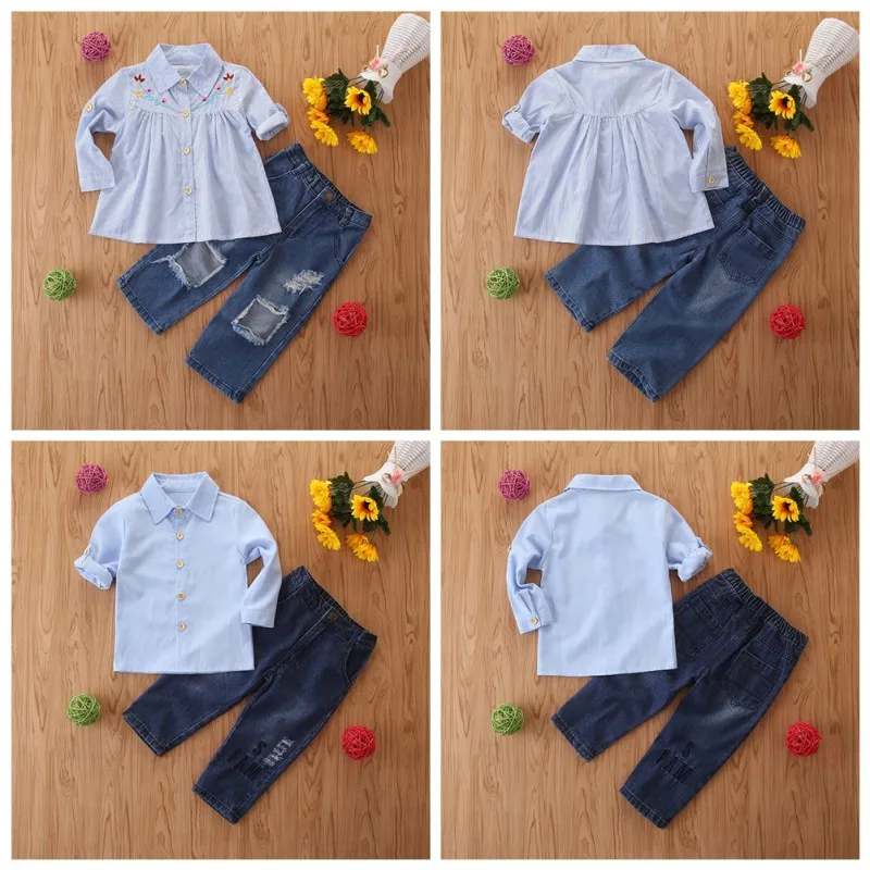  2019 Autumn Children Sets Casual Baby Long Sleeve Shirt And Ripped Jeans Kids Two-piece Outfit Set 