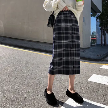 

Retro Plaid Skirts Woman French Preppy Style Straight Empire Waist Button Cashmere Female Skirts
