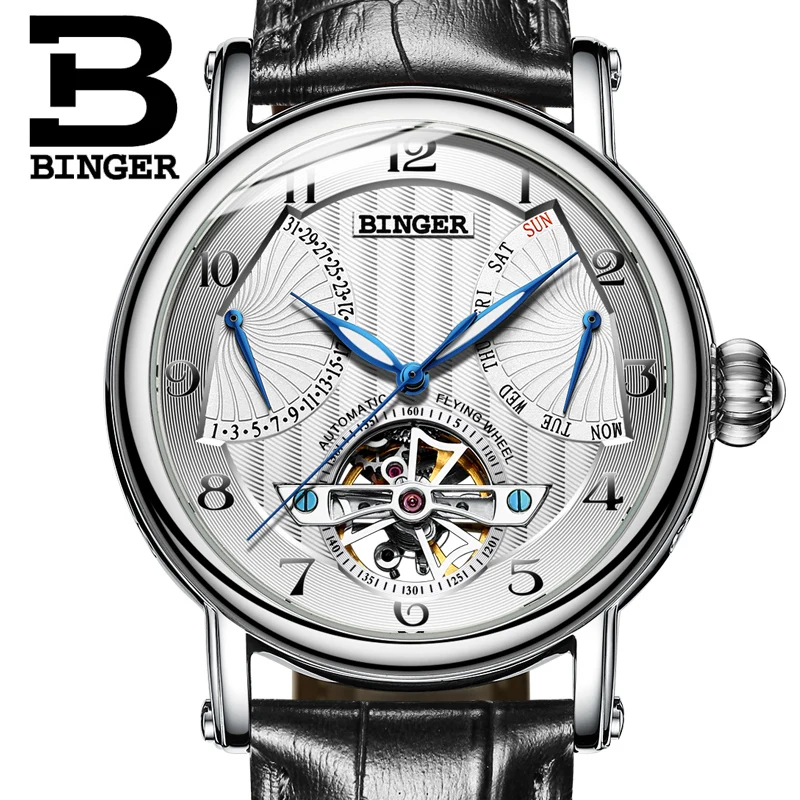 Модные Tourbillon часы от ведущего бренда, швейцарские BINGER, Мужские автоматические часы, мужские часы с кожаным ремешком и календарем, водонепроницаемые механические часы