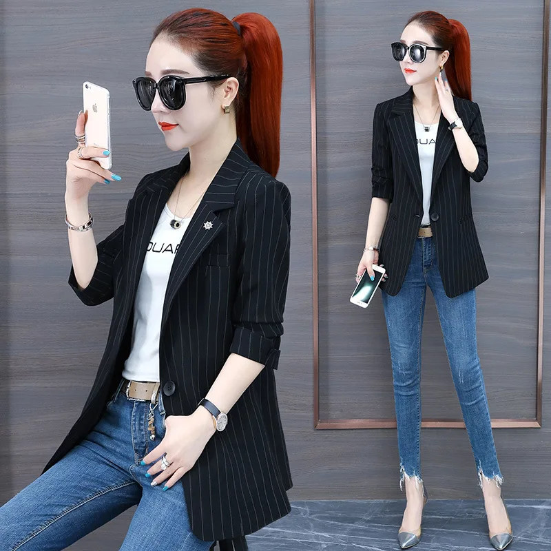 

WOMEN'S Black Small Suit 2019 Autumn New Style Business Elegant One-Button Waist Hugging Stripes Suit Coat