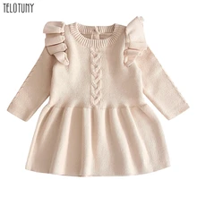 Осенне-зимнее платье для новорожденных; Хлопковое платье для малышей; однотонные теплые праздничные платья для девочек; Модная одежда для маленьких девочек; 917