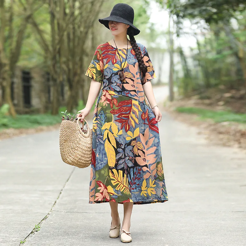 

2019 Summer Ethnic-Style Printed Cotton Linen Dress Large Size Slimming Loose-Fit Long Skirts Women's