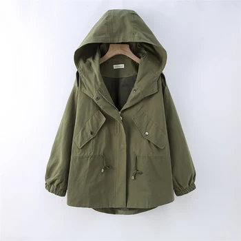 

Autumn New Korean Version of The Loose Large Size Women's Art Leisure Drawstring A Version of The Hooded Windbreaker Coat Female