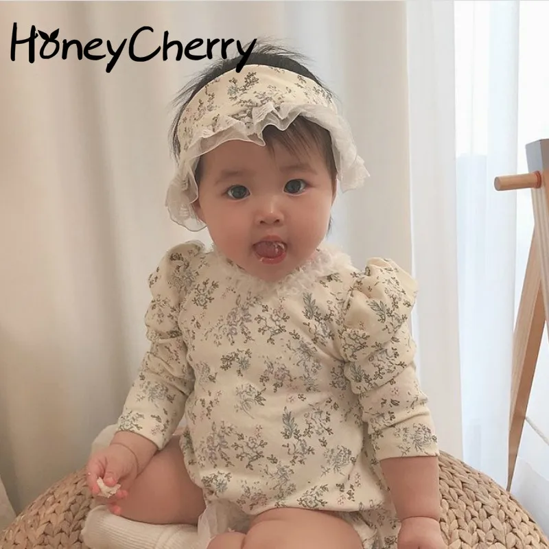 

Newborn baby girl bodysuits Cute Lady Floral One-Piece Suit Loli Gentle Lace Crawling Clothes + Headdress baby girl clothes