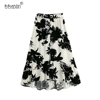 

2020 Women Vintage Ink Print Skirts With Belt Fashion Female High Waist Long Skirts Chic Faldas Mujer