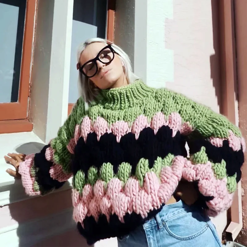

KHALEE YOSE Thick Warm Sweaters Winter 2019 Multi Color Boho Pullovers Women Oversized Lantern Sleeve Crew Neck Jumper Sweater