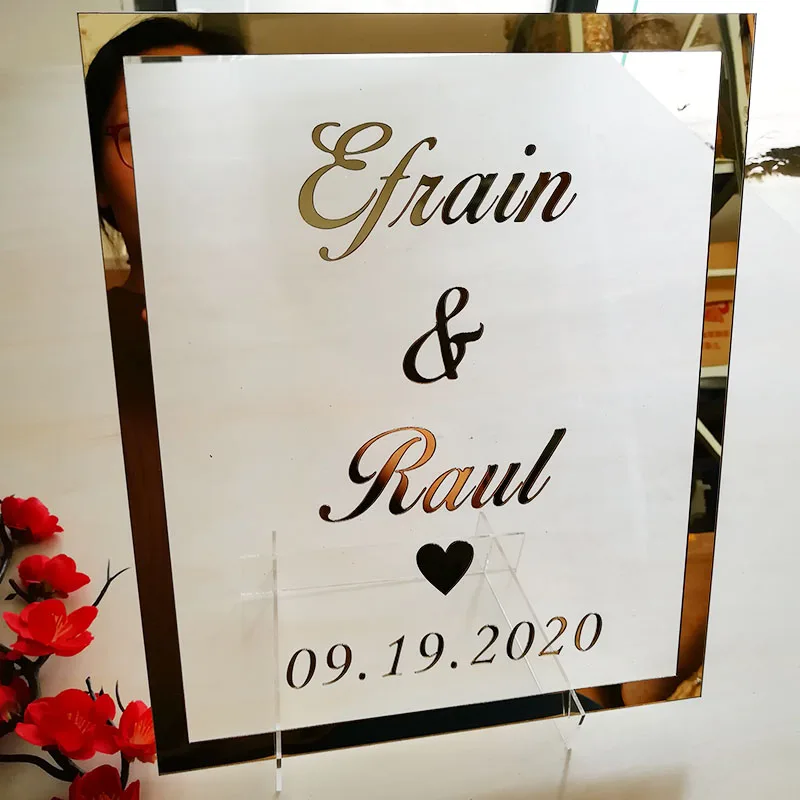 Bride Groom Name Mirror Frame Wedding Signage Personalized Transperant Acrylic Sign Plate with Nail Party Decor Favors