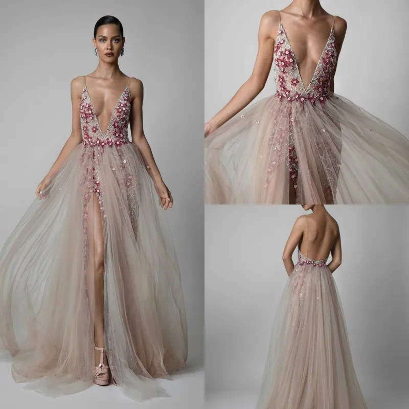 

2020 Evening Dresses Sexy V Neck Backless Lace Appliques Sequin Split Special Occasion Gowns Open Back Sweep Train Prom Dress