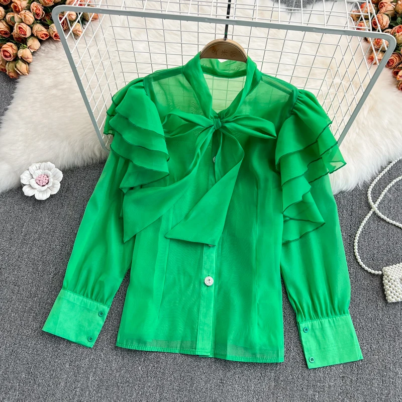 

2022 Spring and Autumn Vintage Palace Style Loose Long Sleeve Ruffle Bow Tie Tie Shirt Women's Chic Top