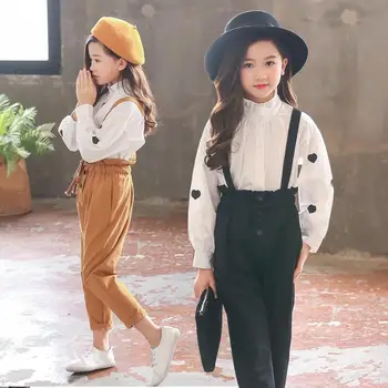 

Spring & Autumn Girls Clothes Sets Casual Long Sleeve Shirts + Suspenders Trousers 2PC Kids Outfits Preppy Style Child Clothing