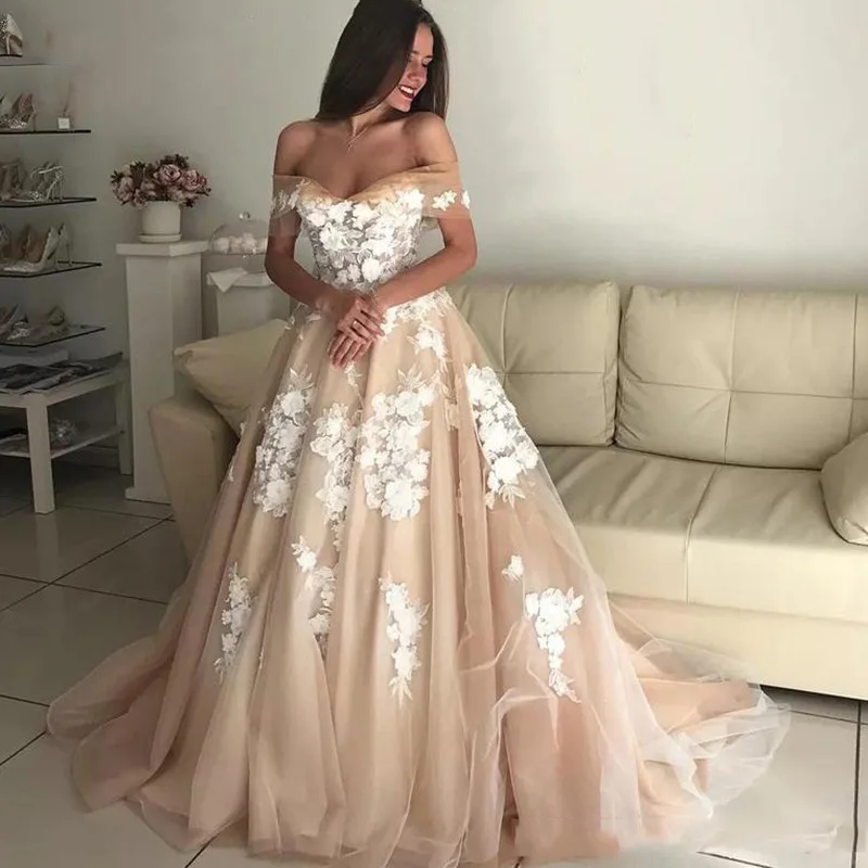 Romantic Champagne Wedding Dress Off Shoulder Ball Gown 3d Appliques Bridal Gown Lace Vestido De Novia Wedding Dresses Aliexpress
