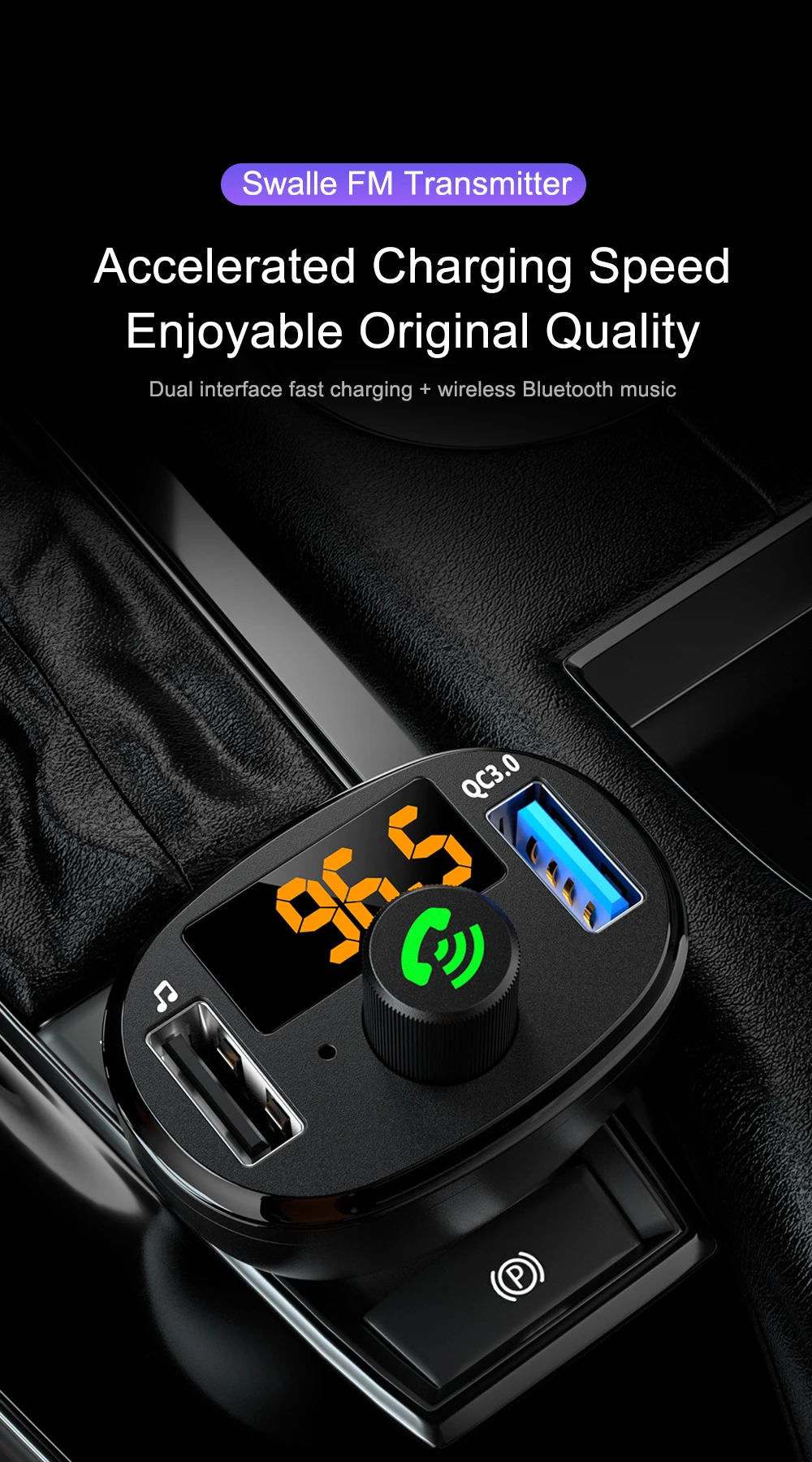 Беспроводной аудиоприемник Swalle, Автомобильный MP3 плеер, Bluetooth, fm-передатчик, QC 3,0, двойное USB быстрое зарядное устройство, автомобильное зарядное устройство