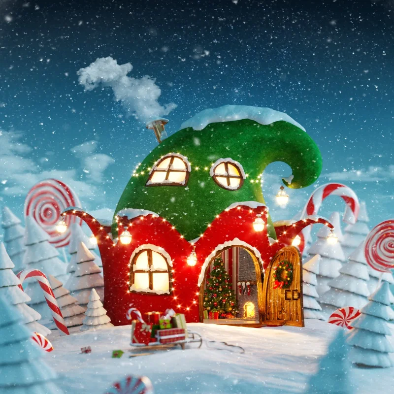 

Laeacco Winter Snowfield Pine Forest Christmas Backdrop For Photography Wooden House Candy World Child Baby Photocall Background