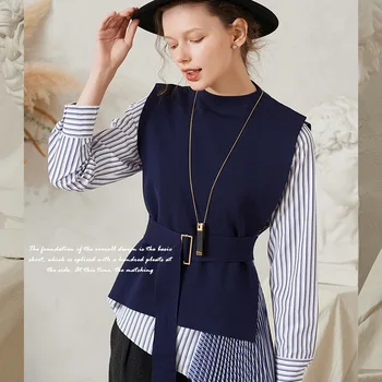 

Spring Autumn Designer Stunning Quality Two Pieces Sets Striped Pleated Shirt Knitted Vest with Belt Elegant Fashion Slim Suits