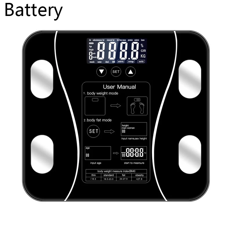 Battery Смарт-весы для жировых отложений, напольный электронный светодиодный весы, цифровые весы для измерения веса, весы, Bluetooth, приложение для Android или IOS - Цвет: Battery