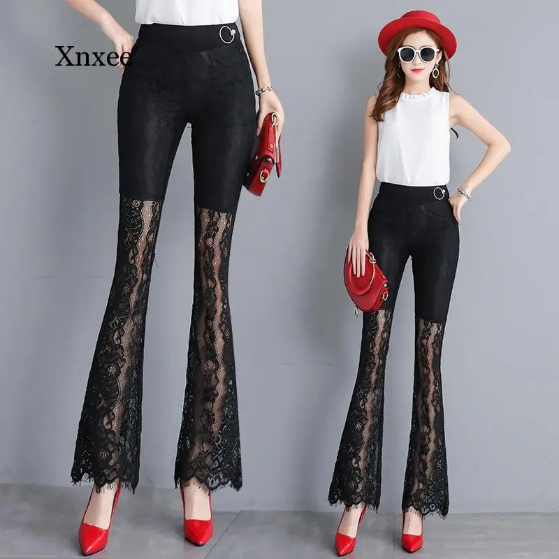 

Women's Pants New Summer Black High Waist Slim Skinny Lace Flare Pants Full Length Casual Pants