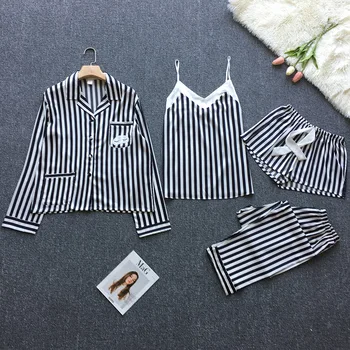 

Women New Striped 4PCS Sleepwear Satin Casual Pajamas Sets Silky Pyjamas Suit Female Sleep Set Long Sleeve Home Clothes