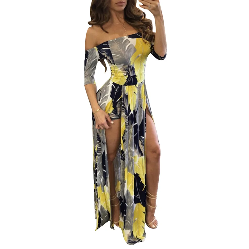 

Summer Sexy Dress Split Holiday Beach Off Shoulder Floral High Waist Bandage Slim Fit Women Dresses