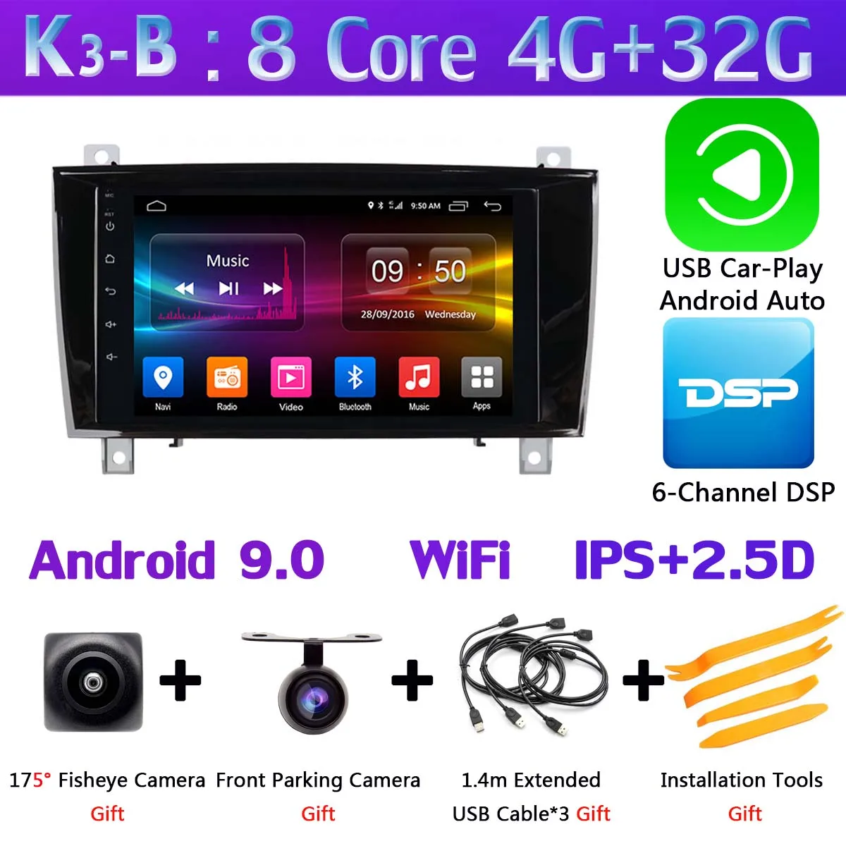 K3-B-CarPlay 360 ° панорамный Android 9,0 4G+ 64G Автомобильный мультимедийный плеер CarPlay Авто DSP SPDIF gps радио для Mercedes Benz SLK Class R171 W171 - Цвет: K3-B-CarPlay