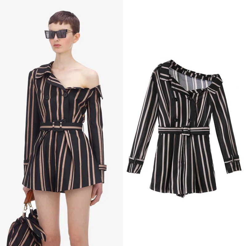 

New lapel off the shoulder leisure brown black stripe long sleeve G0755 show conjoined thin waist shorts