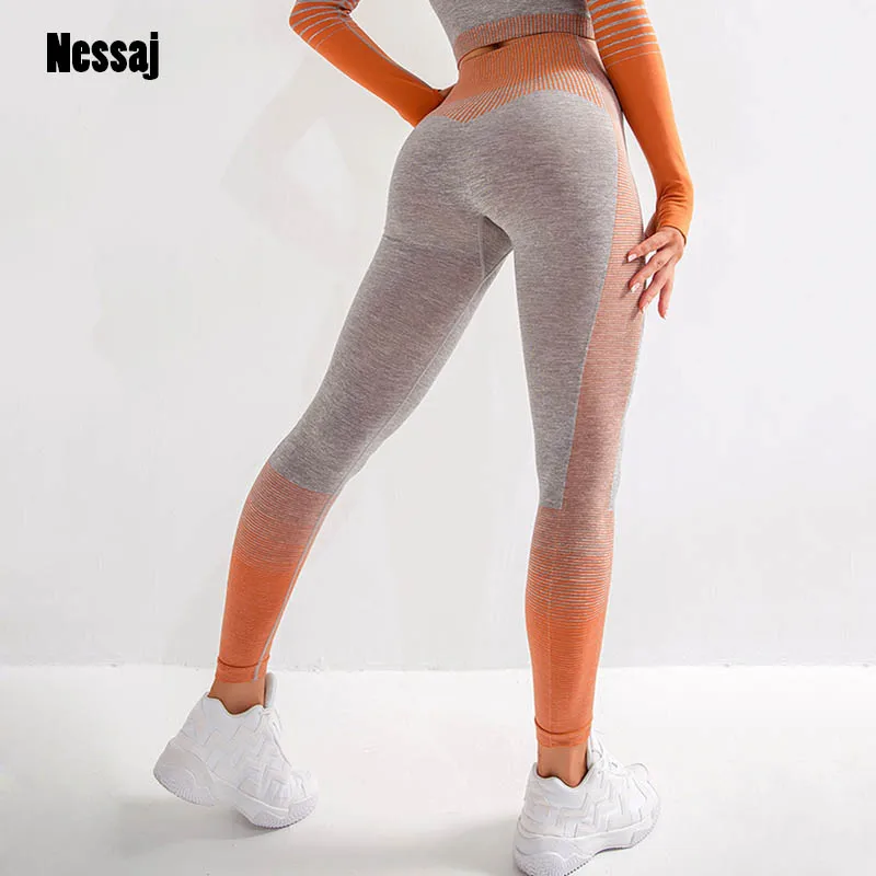 

Nessaj Sexy Seamless Leggings High Waist Sport Pants Push Up Elastic Knitted Striped Leggings Fitness Gym Running Pants