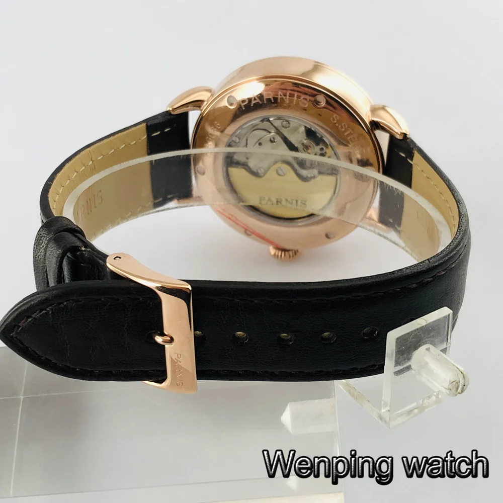 Parnis 42 мм розовое золото чехол GMT арабский знак Дата Окно кожаный ремешок мужские Топ Досуг автоматические механические часы