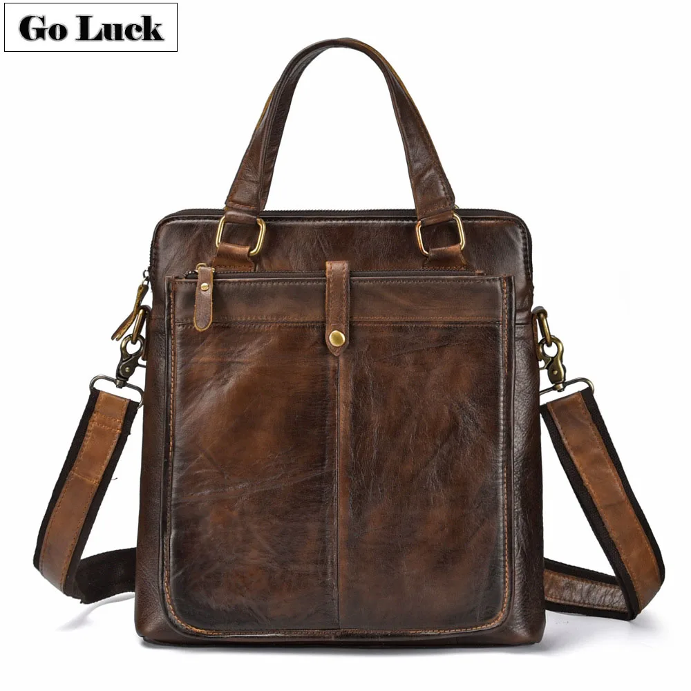 Бренд GO-LUCK, натуральная кожа, 13 дюймов, деловой портфель, А4 файл, тоут, с верхней ручкой, мужская сумка на плечо, сумка-мессенджер, Воловья кожа