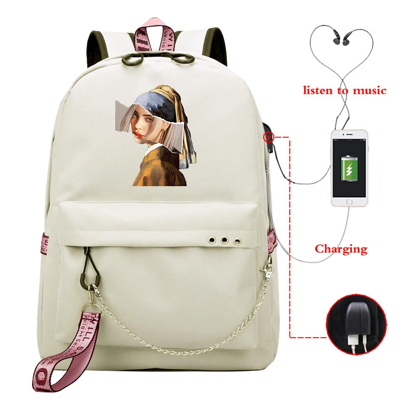 

Billie Eilish USB Charging Girls Backpacks Fashion School Bags Women Travel Laptop Backpack Knapsack Bag Sac A Dos Femme