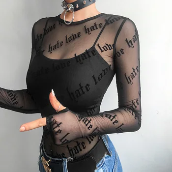 Sexy Women Mesh T Shirts See Through Perspective Tshirt Letter Printed O Neck Transparent Long