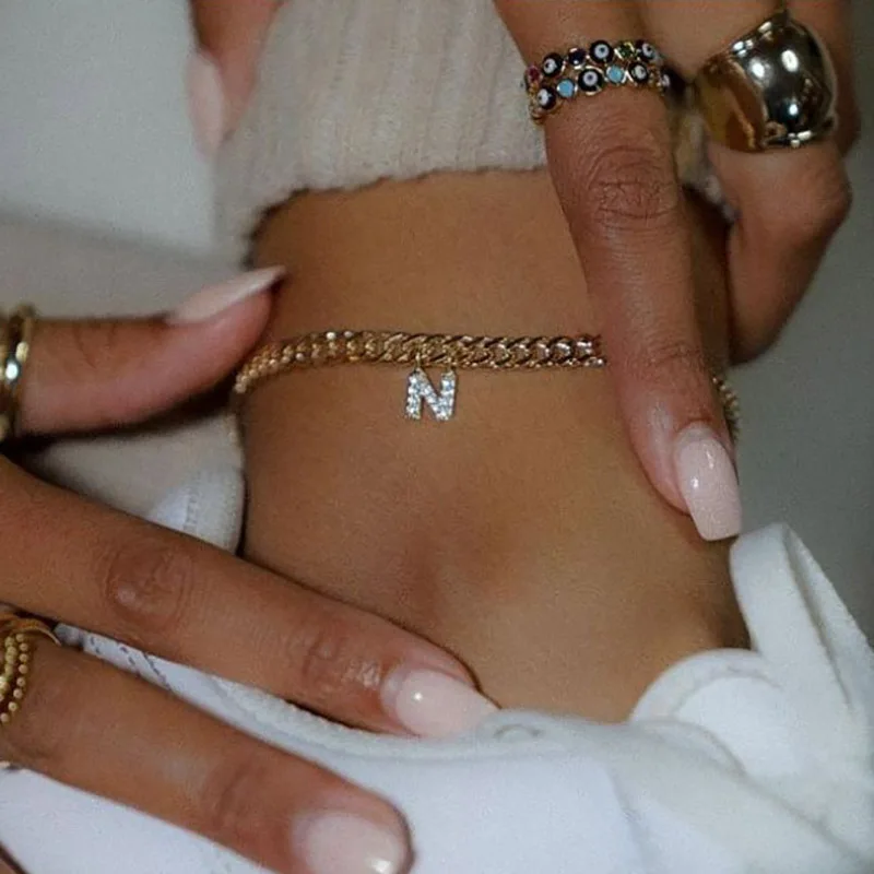 Letter Anklets Jewelry Bracelet Boho Alphabet Christmas-Gift Cuban Tiny Stainless-Steel