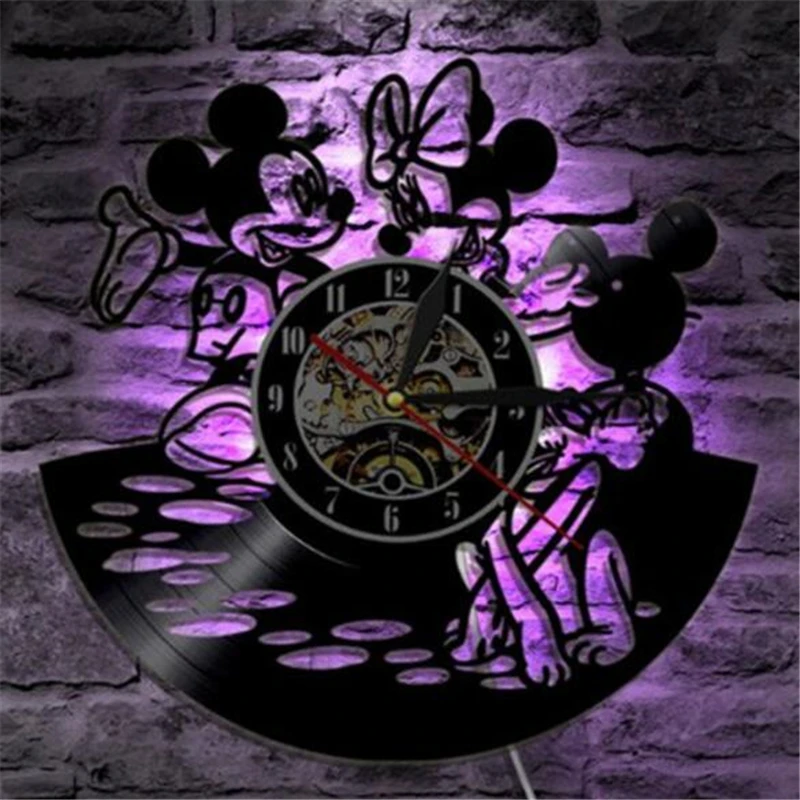 Disney Mickey Mouse Clock 12 Inch LED Vinyl Record Clock Cartoon Hanging Night Lamp Living Room Decorative Clock Home Decor