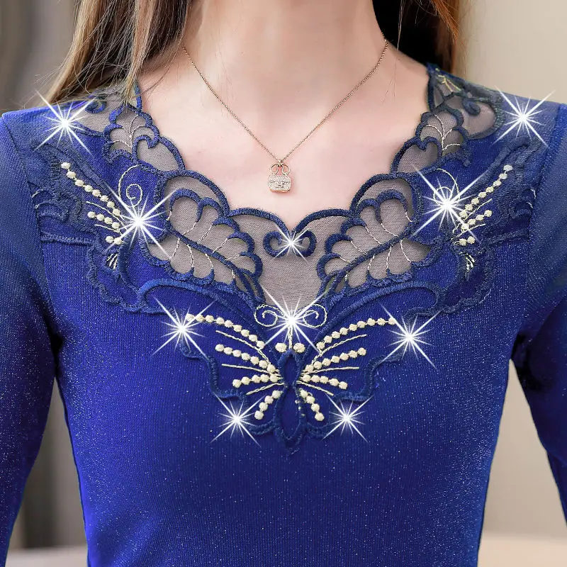 Lace Bottom Blouse Women's Long Sleeve 2019 Autumn Winter Shirts New Large Size Hollow Out Mesh Slim Shirt Fashion Blouses Tops