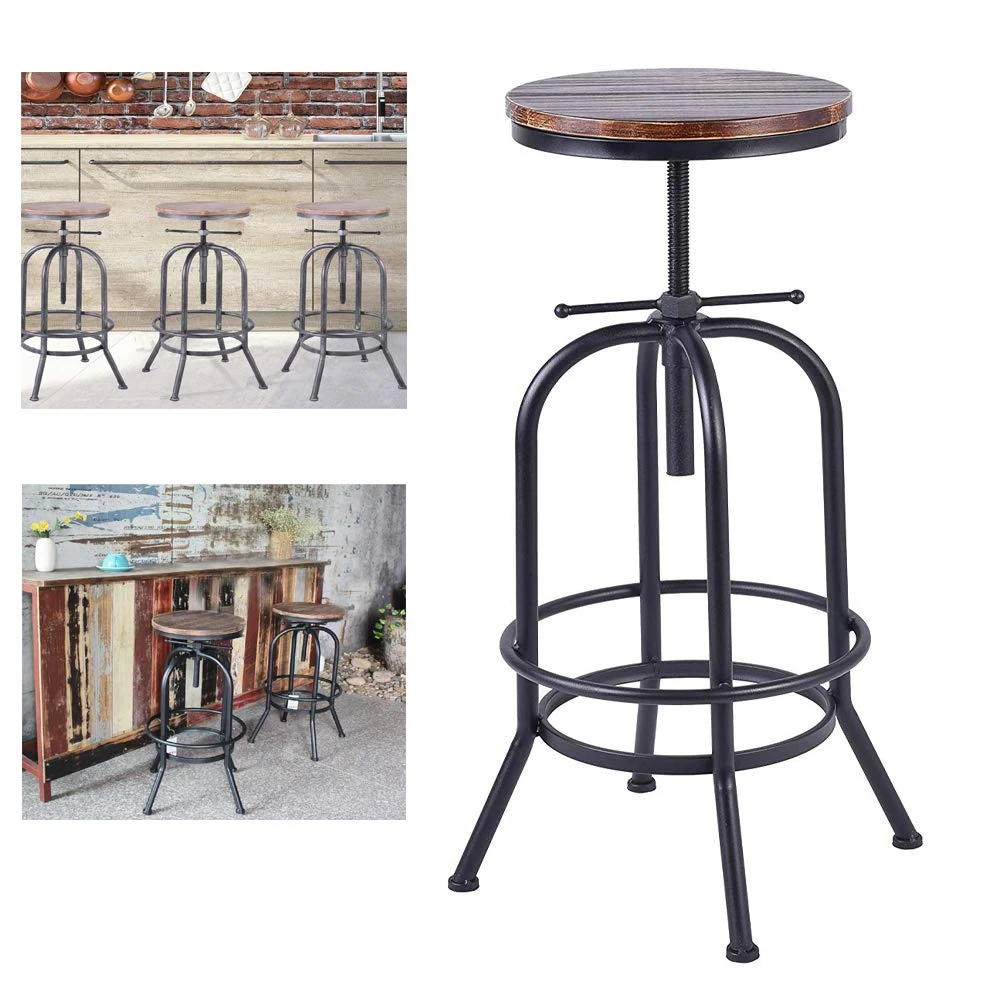 Adjustable Rustic Industrial Bar Stool Swivel Pine Wood Top Metal Frame Bar Chair Footrest Leisure Coffee Chair Bar Chair Bar Chairs Aliexpress