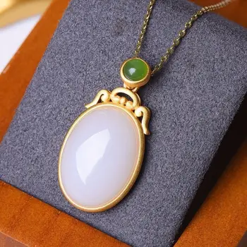 

New silver inlaid natural Hetian white Chalcedony pendant necklace Chinese style retro palace charm light luxury women's jewelry