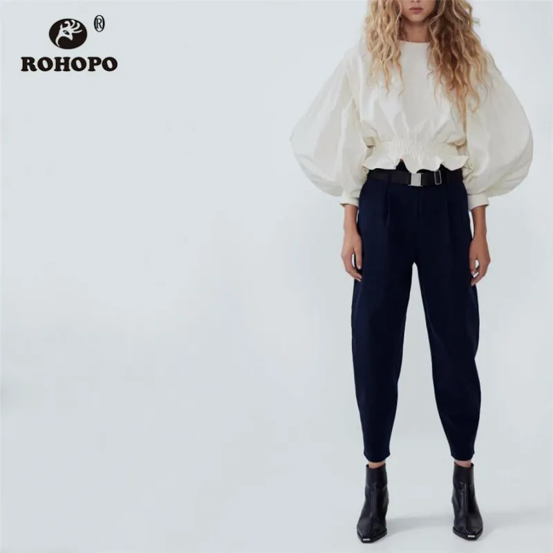 

ROHOPO Round Collar Long Puff Sleeve Ruffles Jersey Sweatshirt Beige Cotton Tunic Elastic Waistband Solid Hoodies #9634
