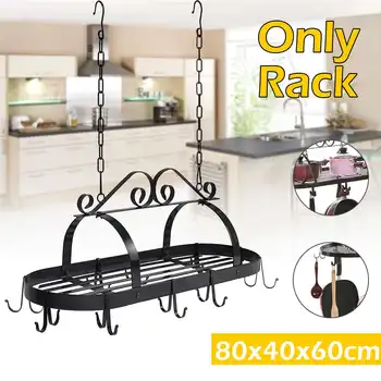 

Kitchen Hanging Iron Storage Rack Kitchen Organizer Pot Pan Dish Rack Ceiling Holder Shelf+Hook Bear Load Up to 30KG Space Saver