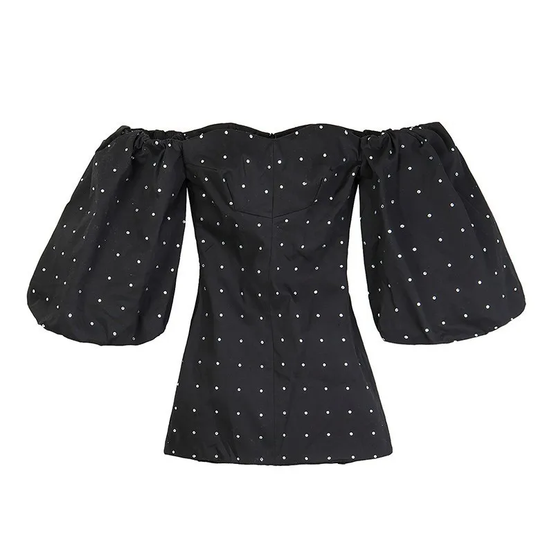 black CHICEVER Diamonds Patchwork Women Dress Off Shoulder Slash Neck Half Sleeve High Waist Slim Mini Party Dresses Female New - Цвет: black
