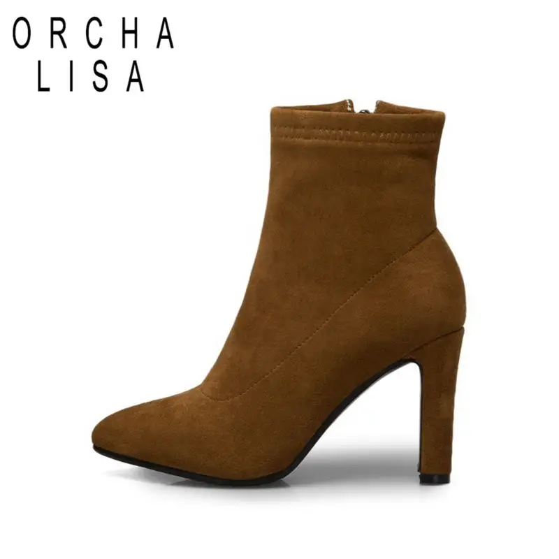 

ORCHA LISA Womens ankle boots thin heel Kid suade stretched fabric zipper high heel booties ladies dress party shoes