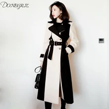 Новое осенне-зимнее женское свободное лоскутное длинное шерстяное пальто в английском стиле с поясом, женская элегантная теплая шерстяная куртка