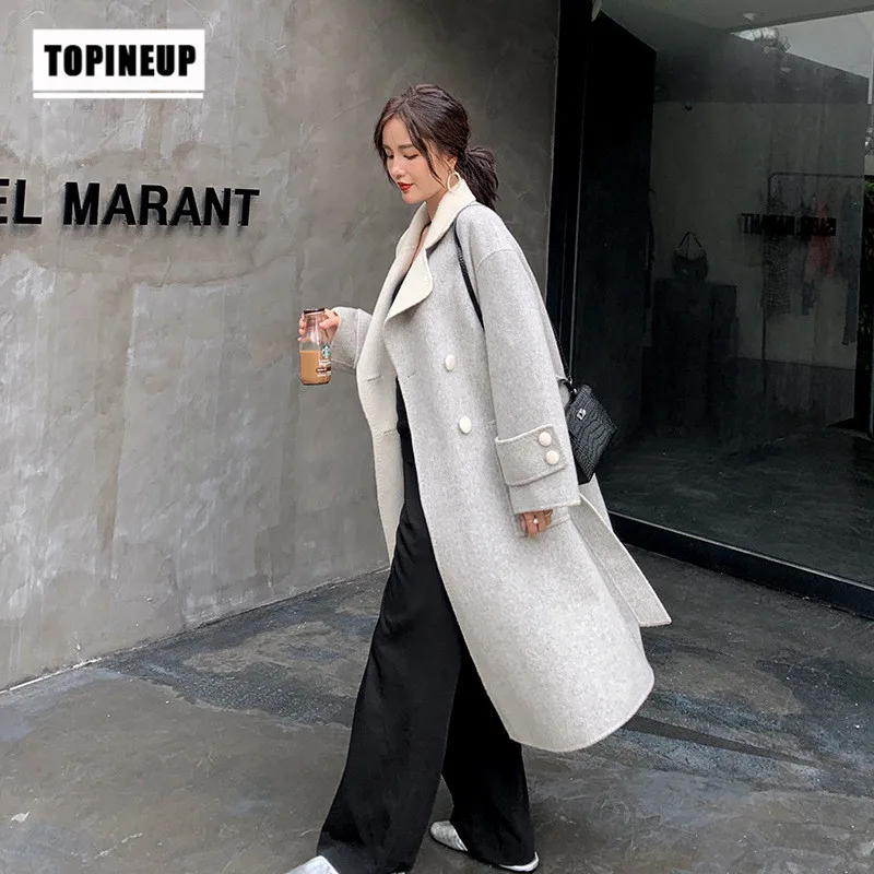 

2019 Spring and autumn Loose Office Lady Coat Woman Long Sleeve Turn-down Collar Over Knee Double Breasted Woollen Overcoat