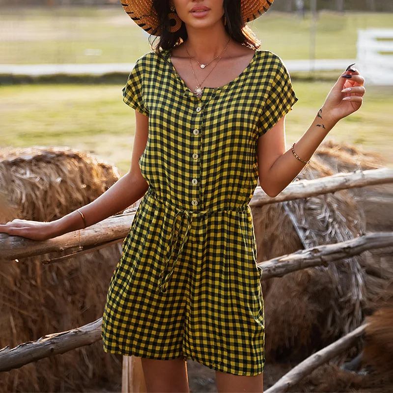 Модное классическое платье в клетку с коротким рукавом Новинка лета 2021 хлопковое