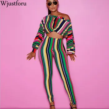 

Wjustforu sexy Striped Print 2 Piece Set Women Long Sleeve Pullover Tops + Pencil Pants Autumn Casual Two Piece Set Tracksuit
