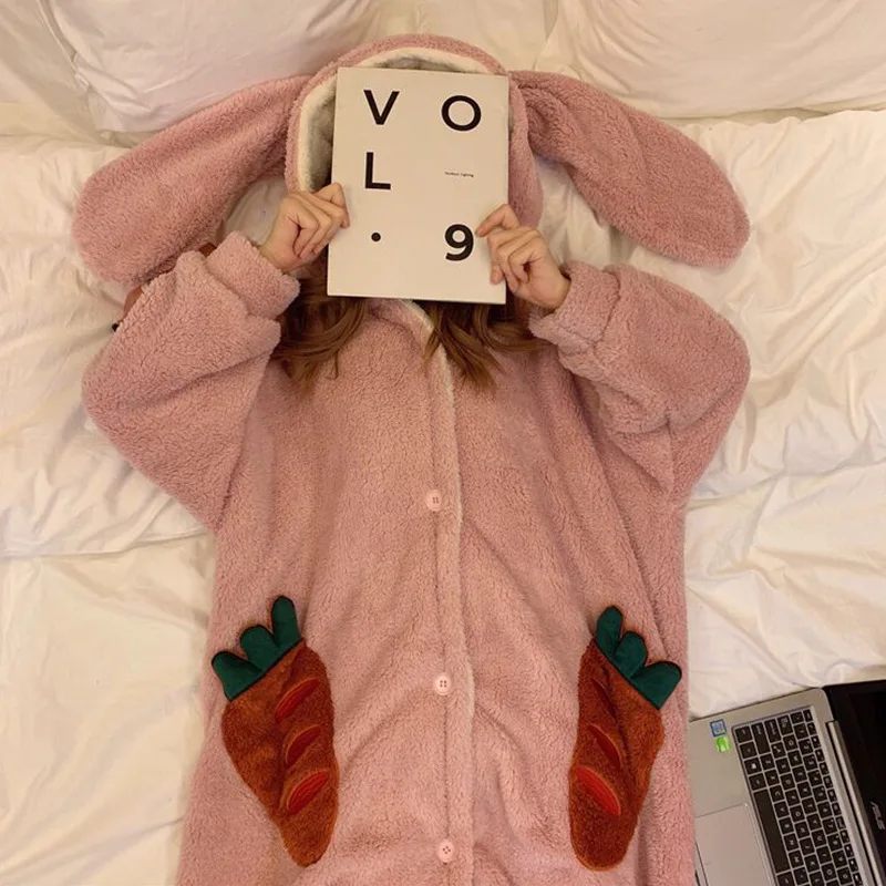 

Cute Hooded Loose-Fit Korean-style Comfortable Cardigan Pajamas Women's Autumn And Winter 2019 New Style Mid-length Tracksuit Ni