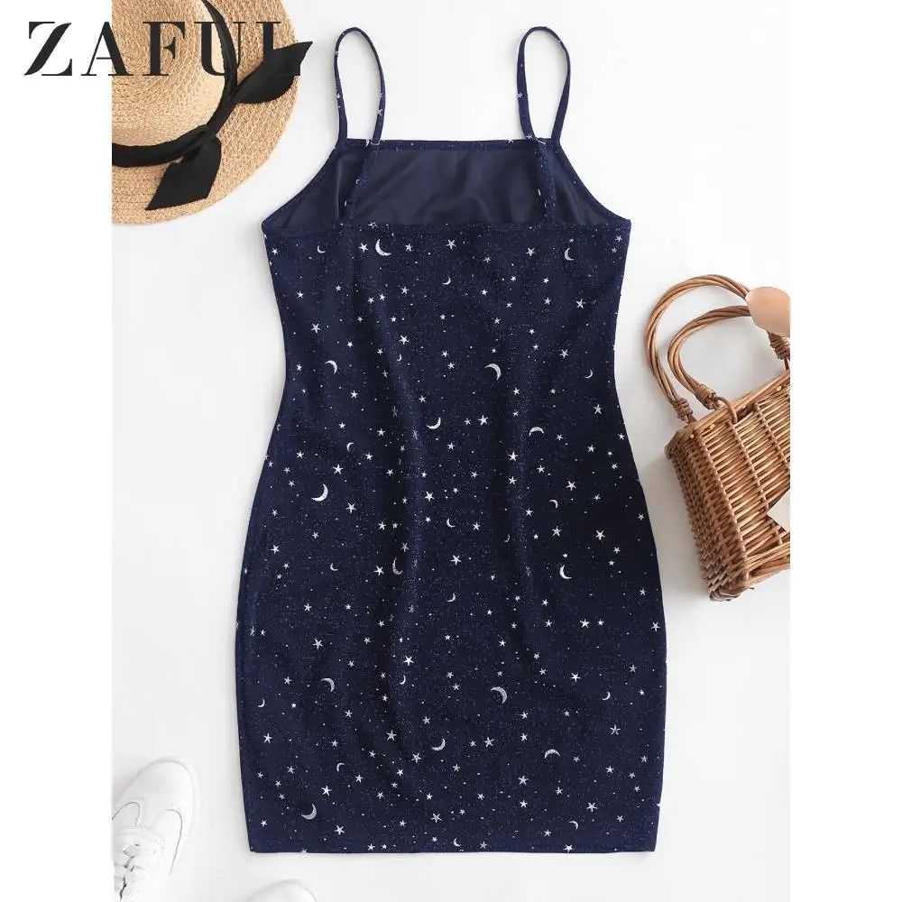 ZAFUL Metallic Thread Moon And Star Starry Cami Mini Dress For Women Sleeveless Spaghetti Strap Ladies Bodycon Casual