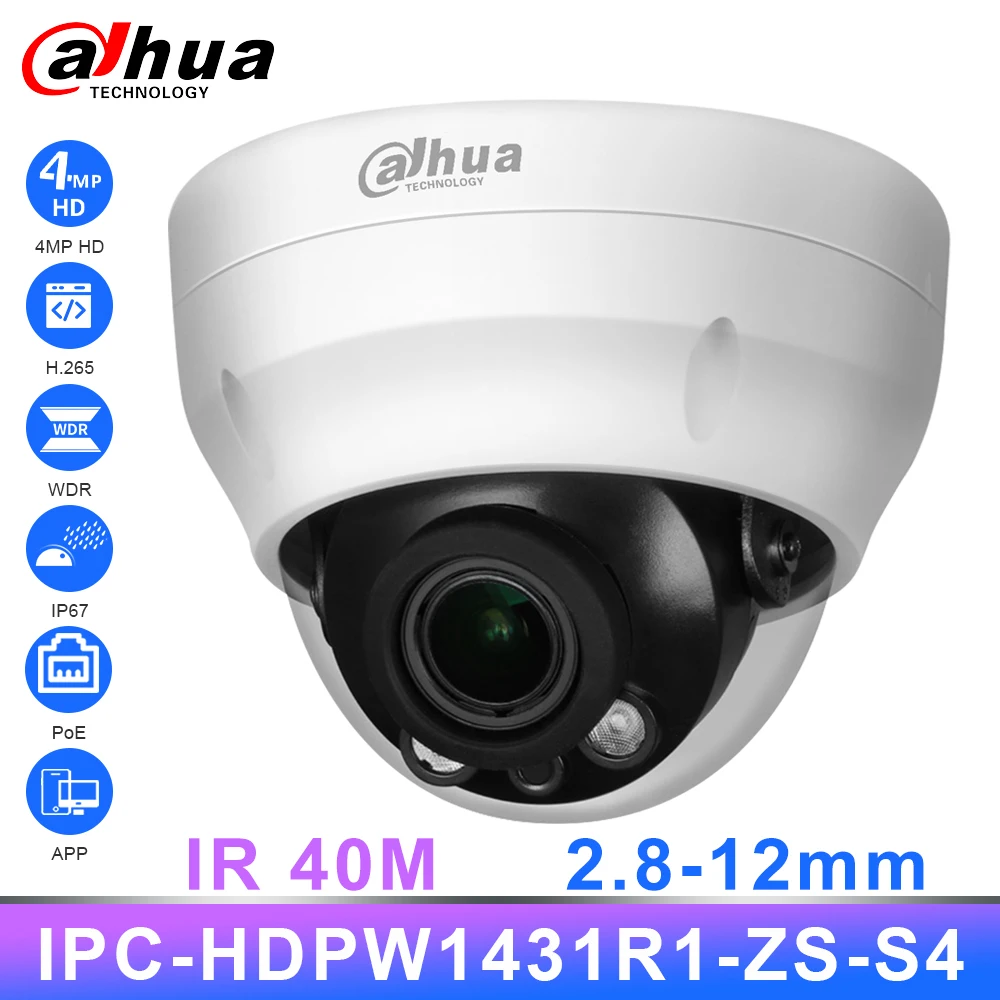 Dahua Original IPC-HDPW1431R1-ZS-S4 Mini Dome PoE IP Camera Zoom 2.8-12mm HD 4MP IR40M H.265 WDR 3D DNR BLC HLC IP67 Security