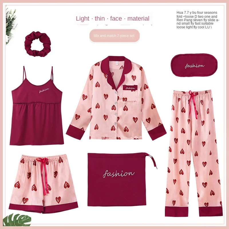 

New 7 Pieces Pyjama Set 2020 Women Spring Summer Sexy Silk Pajamas Sets Satin Sleep Suit Cute Nightwear Home Clothes Sleepwear