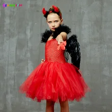 Злой «чертенок» красного цвета юбка-пачка для девочек платье детский костюм для хеллоуина Косплэй карнавальный костюм Детский костюм для вечеринок из тюля ручной работы; детский маскарадный костюм дьявола платье чертовки
