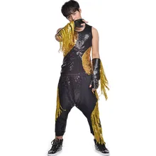 Мужской танцевальный костюм для бара, ночного клуба, джаза, рок-барабана, комплект для выступлений, штаны-шаровары с блестками и кисточками, повседневный костюм, жилет+ штаны+ перчатки, DWY2734