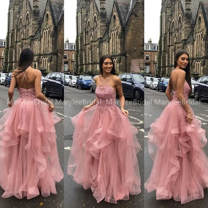 Многоуровневые тюлевые платья для выпускного вечера розовые вечерние платья с перекрещивающимися сзади длиной до пола vestidos de gala платья для выпускного вечера на заказ